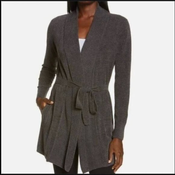 Barefoot Dreams CozyChic Ultra Lite Tie Waist Cardigan Gray Brown Size M - Picture 2 of 8